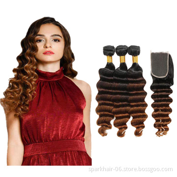 Ombre Loose Deep Hair  Bundles with Closure 1b/4/30 Brazilian Virgin Human Hair Weave Bundles with 4x4 Lace Closure